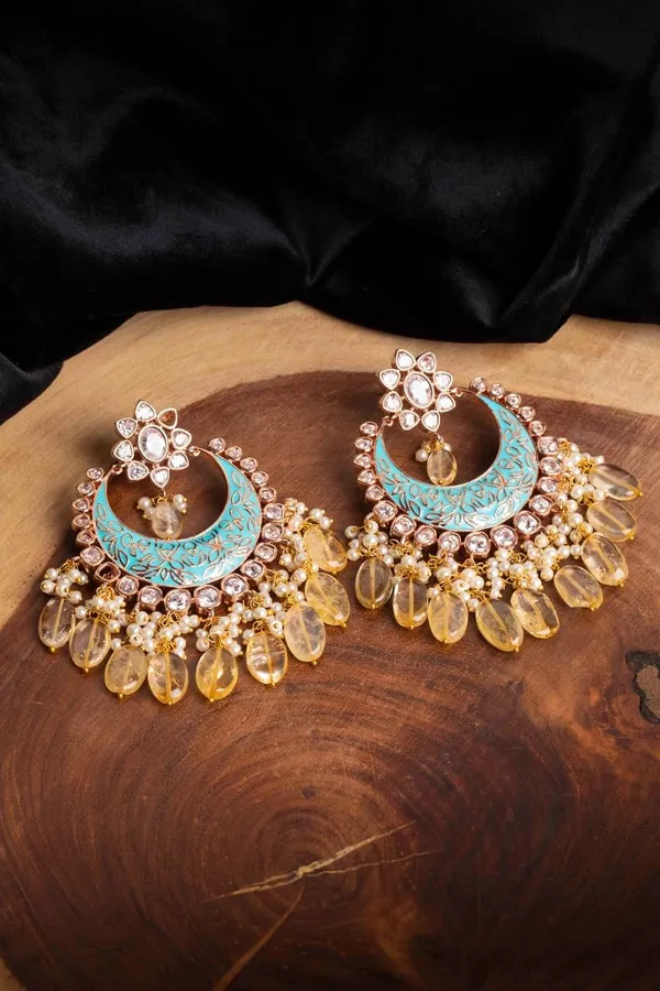 Light Blue Yellow Drops Chandbali Earrings