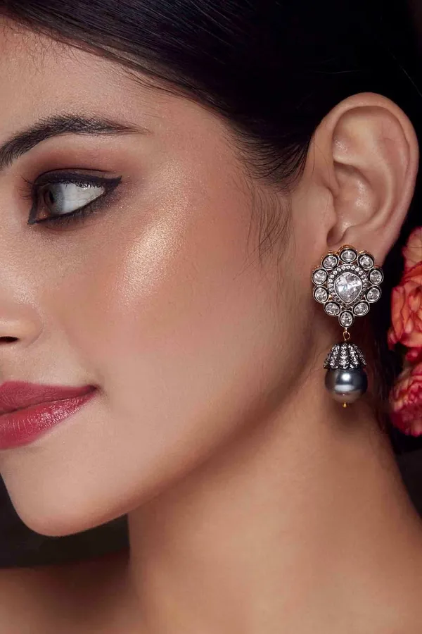 Zirconia Grey Pearl Drop Dangler Earrings