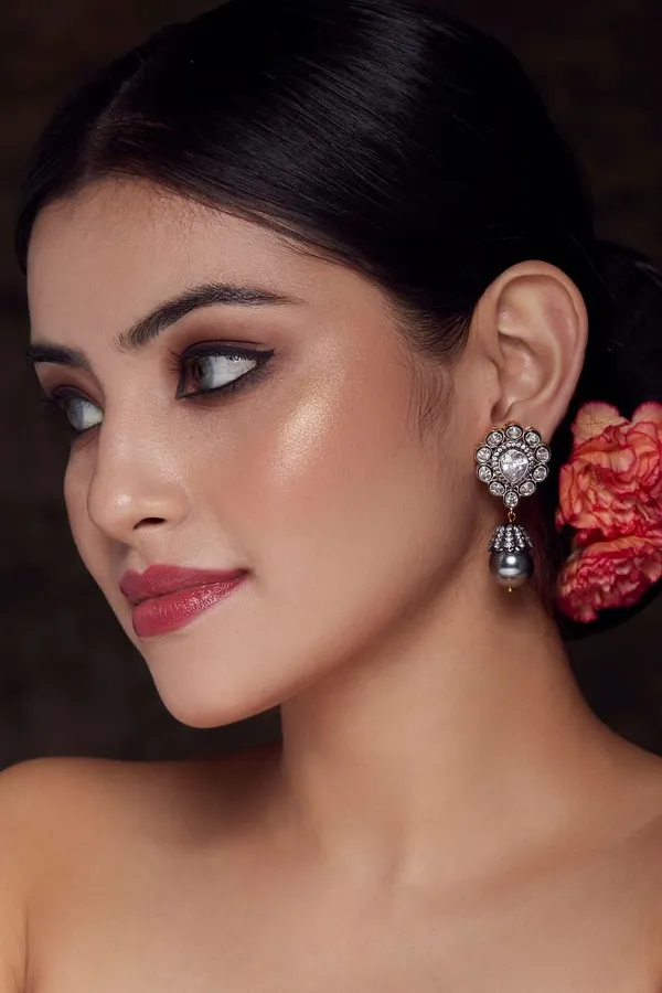 Zirconia Grey Pearl Drop Dangler Earrings