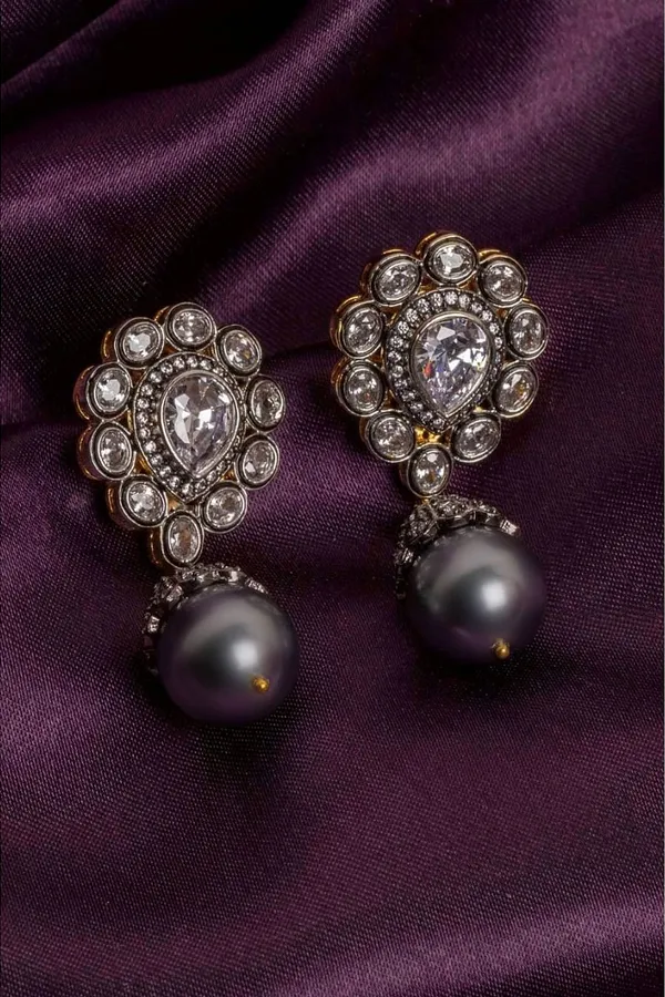 Zirconia Grey Pearl Drop Dangler Earrings