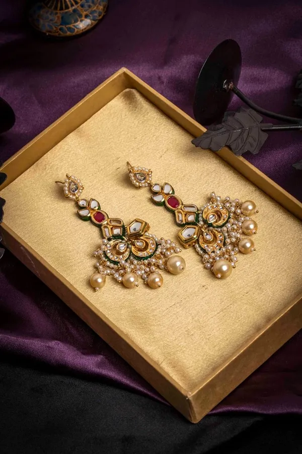 Red Centre Kundan Pearl Drop Dangler Earrings
