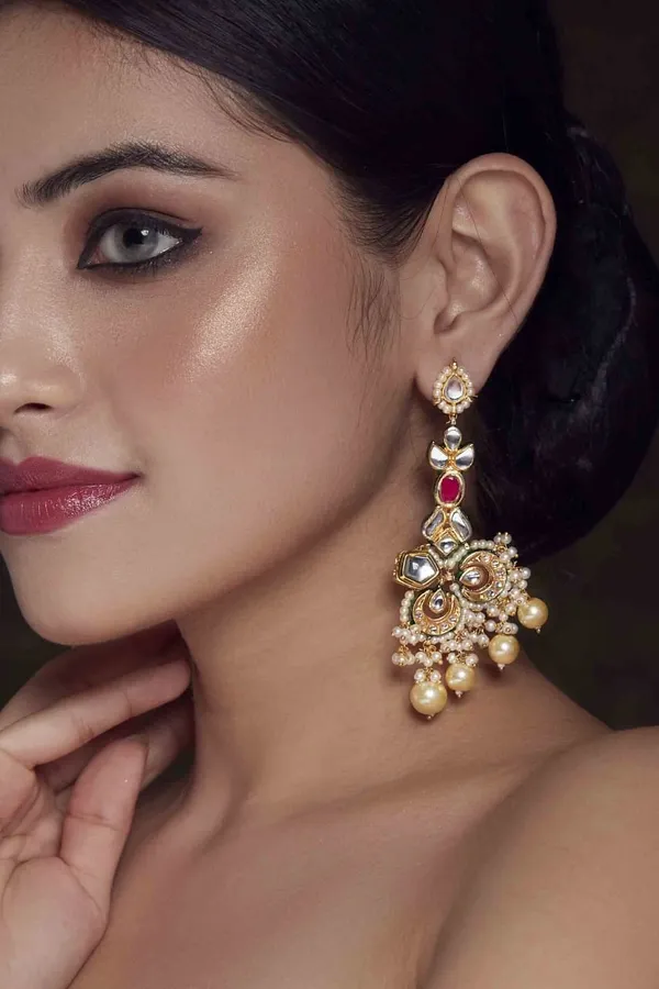 Red Centre Kundan Pearl Drop Dangler Earrings