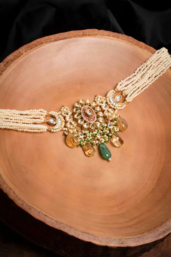 Kundan Green Yellow Drops Red Meena Choker Necklace