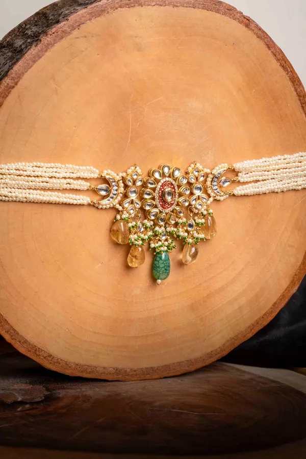Kundan Green Yellow Drops Red Meena Choker Necklace