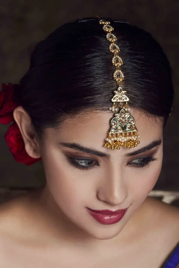 Kundan Green Meena Gold Bead Drops Tikka