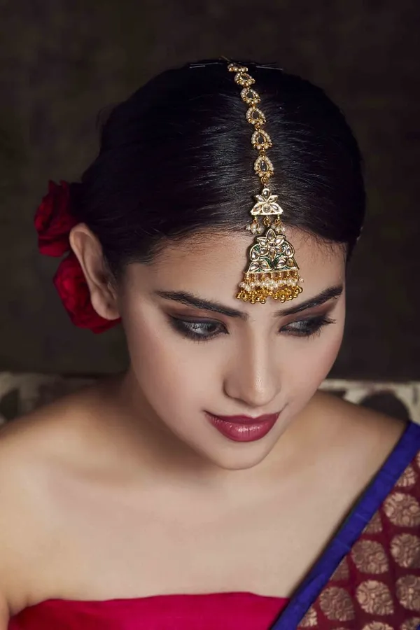 Kundan Green Meena Gold Bead Drops Tikka