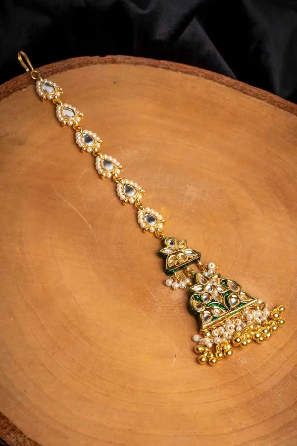 Kundan Green Meena Gold Bead Drops Tikka