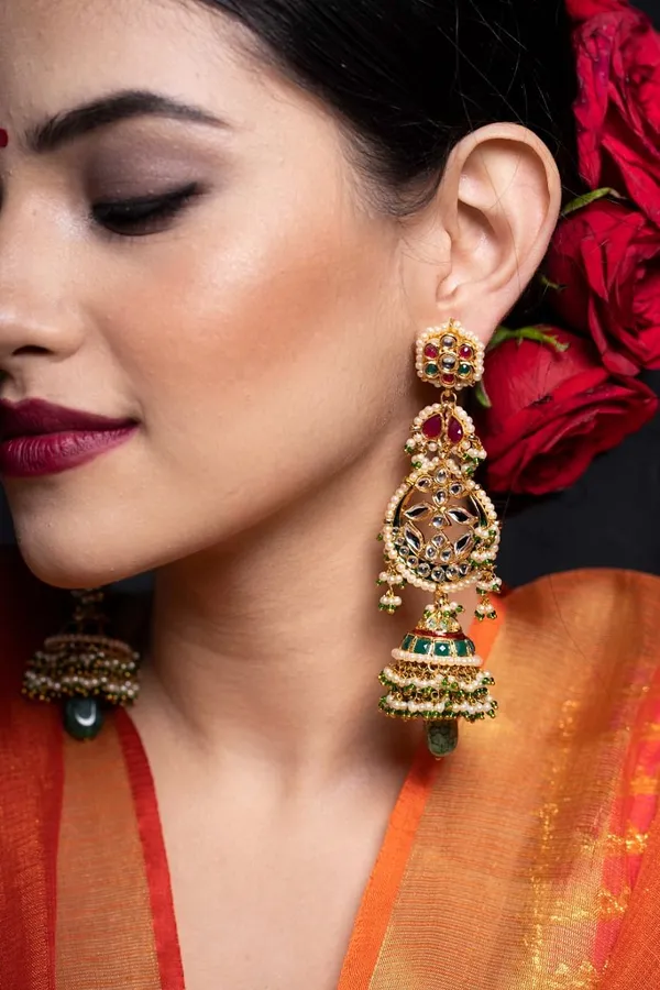 Statement Multi Kundan Green Drop Jhumki Dangler Earrings