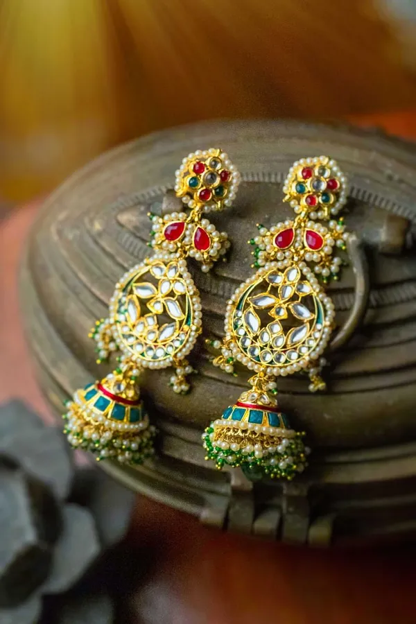 Statement Multi Kundan Green Drop Jhumki Dangler Earrings