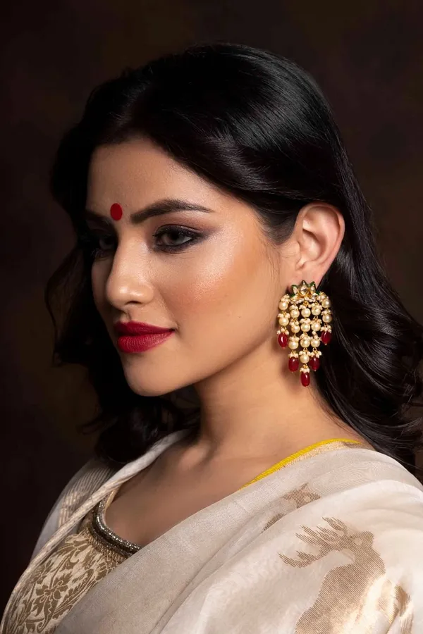 Lotus Kundan Red Drops Earrings