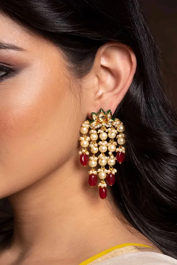 Lotus Kundan Red Drops Earrings