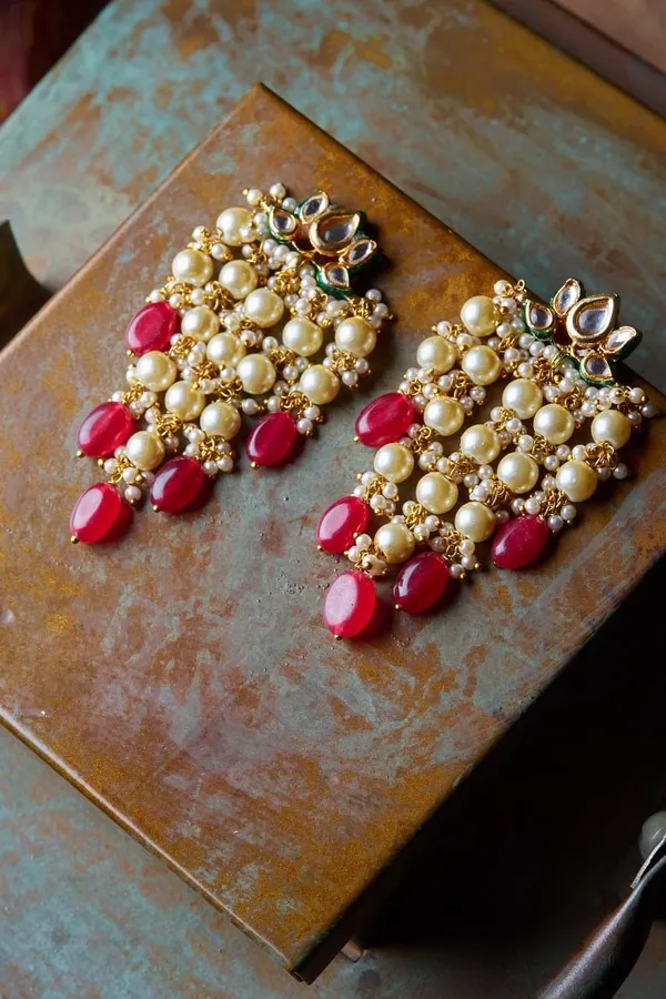 Lotus Kundan Red Drops Earrings