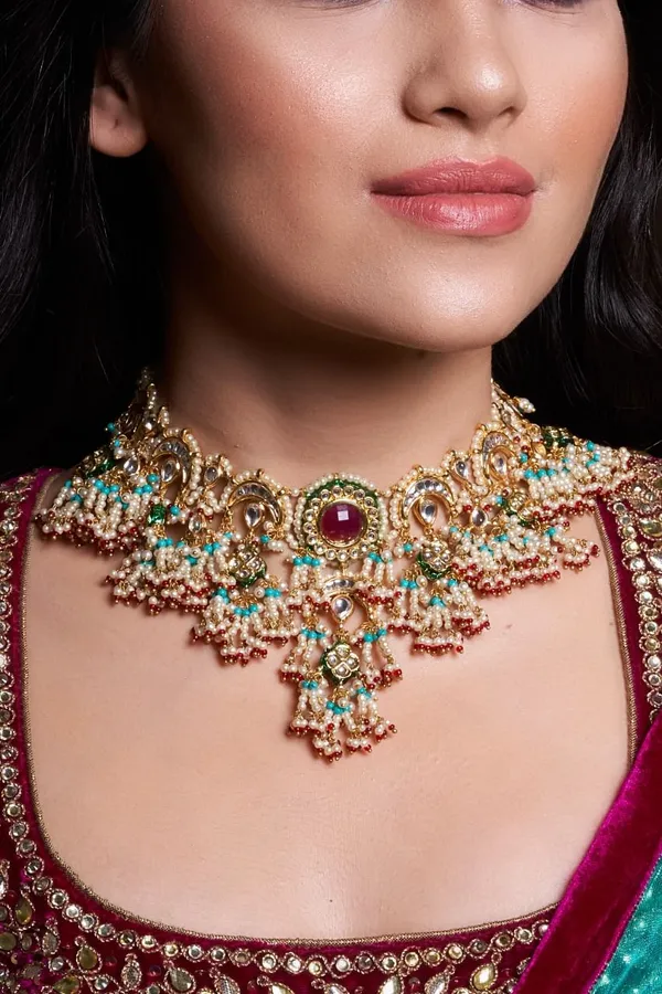 Statement Feroza Beads Hint Of Red Choker Necklace