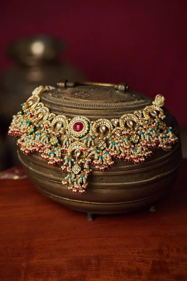 Statement Feroza Beads Hint Of Red Choker Necklace