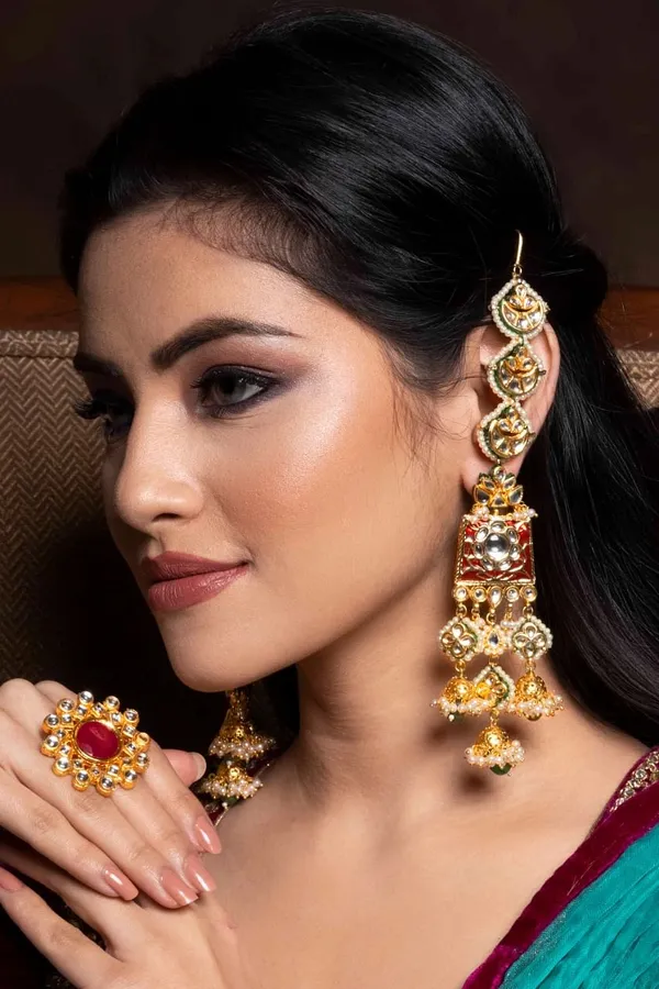 Statement Red Meena Green Drops Dangler Earrings