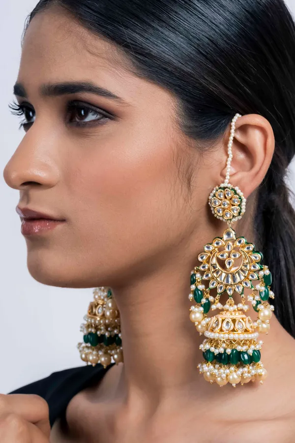 Statement Gold Green Emeralds & Pearls Jhumki Earring