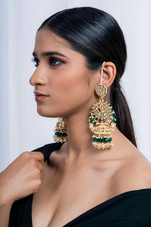 Statement Gold Green Emeralds & Pearls Jhumki Earring