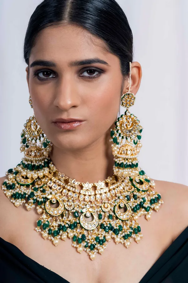 Statement Gold Green Emeralds & Pearls Jhumki Earring
