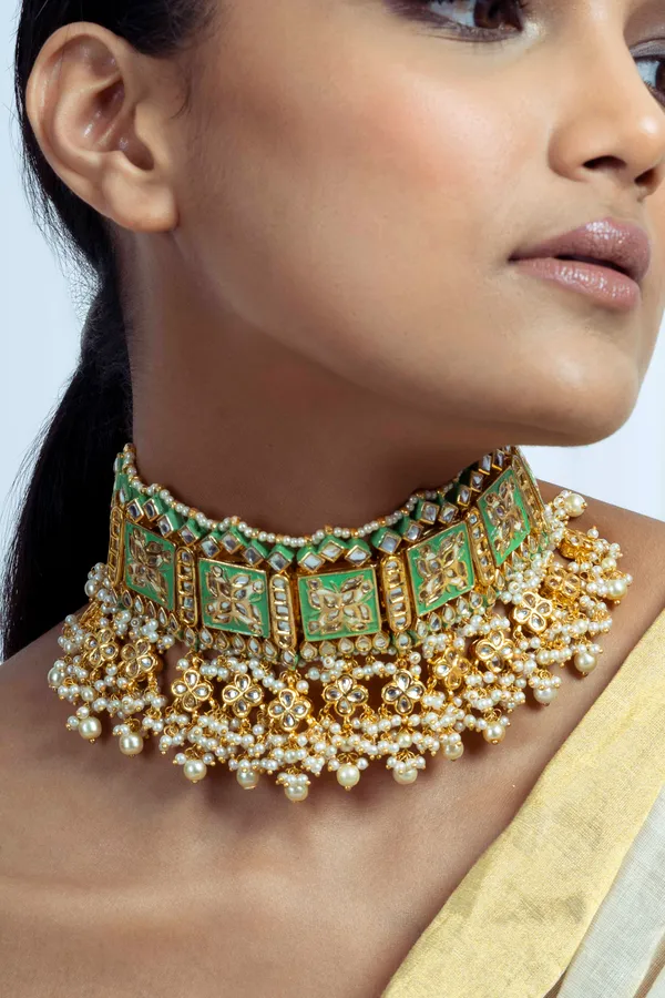 Gold & Green Meenakari Kundan Choker Necklace