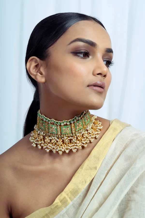 Gold & Green Meenakari Kundan Choker Necklace