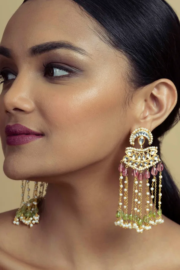 Statement Pink & Green Tourmaline Kundan Earrings