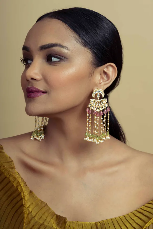 Statement Pink & Green Tourmaline Kundan Earrings