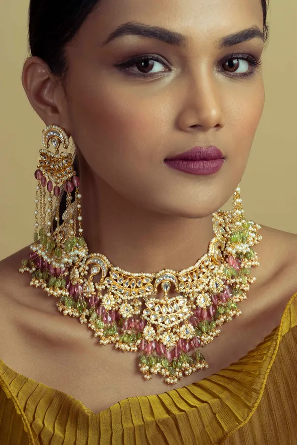 Statement Pink & Green Tourmaline Kundan Earrings
