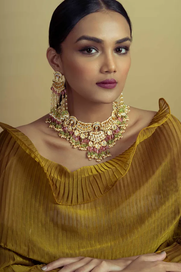 Statement Pink & Green Tourmaline Kundan Earrings