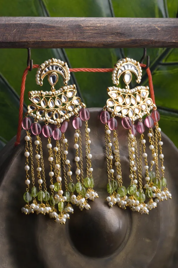 Statement Pink & Green Tourmaline Kundan Earrings