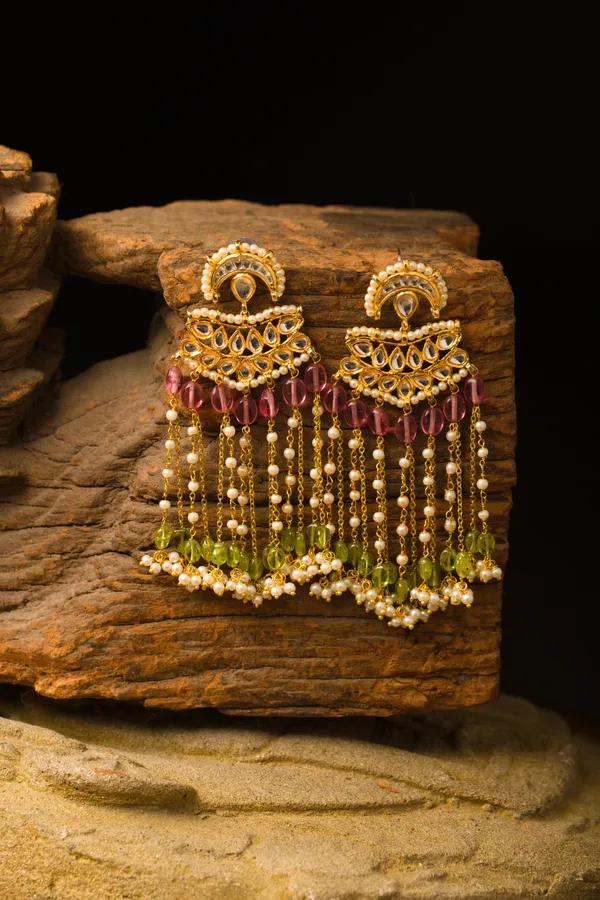 Statement Pink & Green Tourmaline Kundan Earrings
