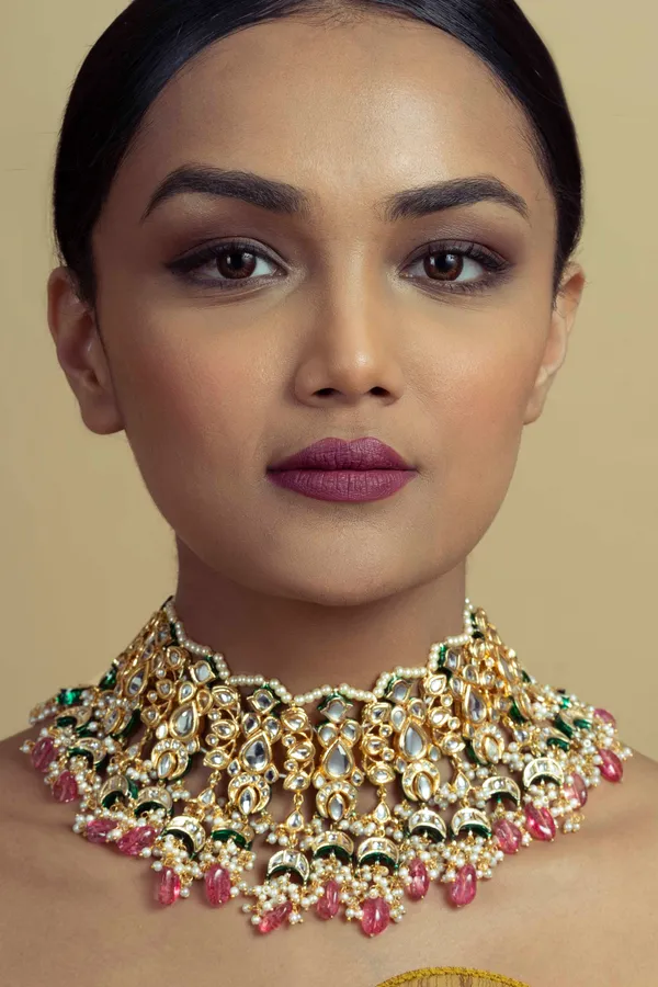 Gold & Green Meenakari Tourmaline Drops Choker Necklace