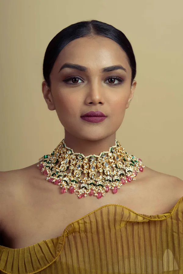 Gold & Green Meenakari Tourmaline Drops Choker Necklace