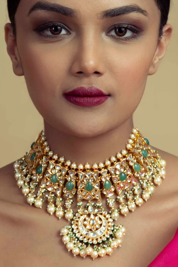 Green & Gold Choker Necklace With Pearl Drops