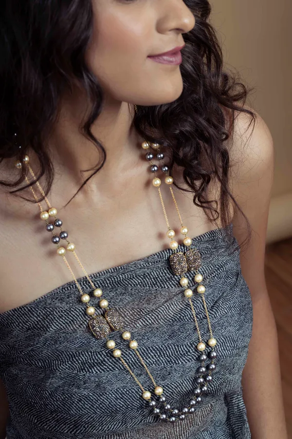 Grey & White Pearls Long Necklace