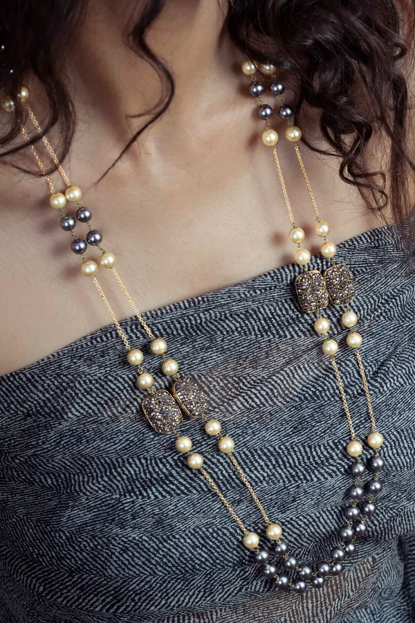Grey & White Pearls Long Necklace