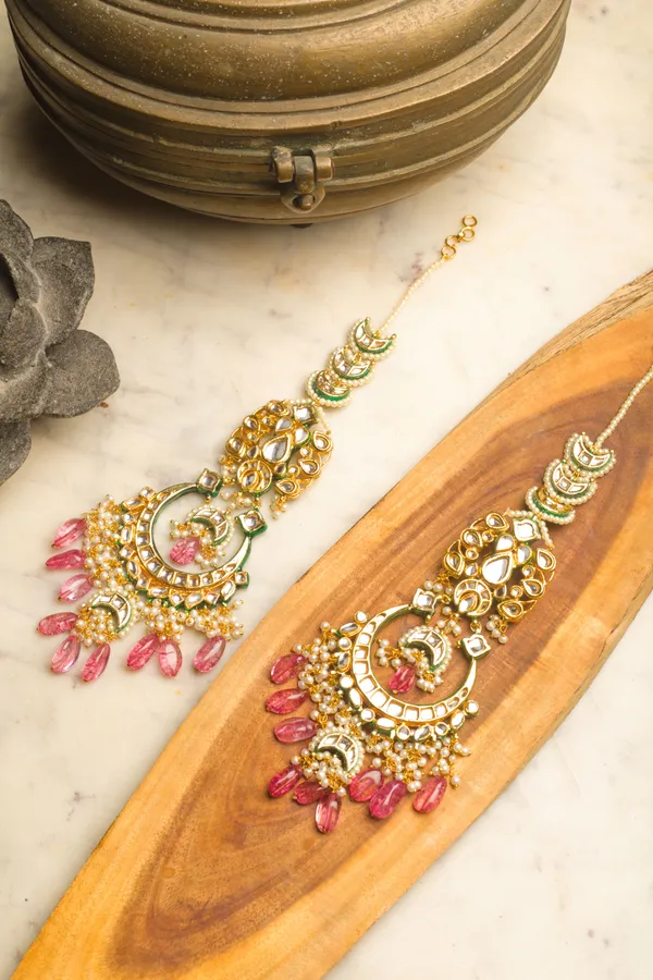 Gold & Green Meenakari Tourmaline Drops Chandbali Earrings