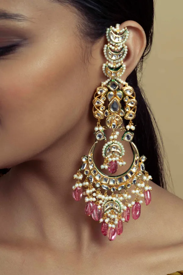 Gold & Green Meenakari Tourmaline Drops Chandbali Earrings