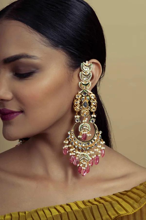 Gold & Green Meenakari Tourmaline Drops Chandbali Earrings