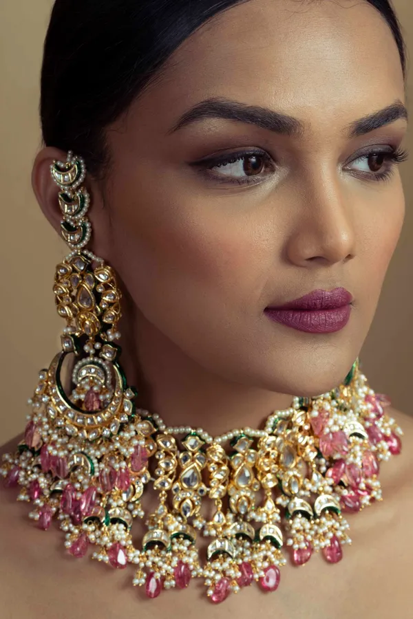 Gold & Green Meenakari Tourmaline Drops Chandbali Earrings