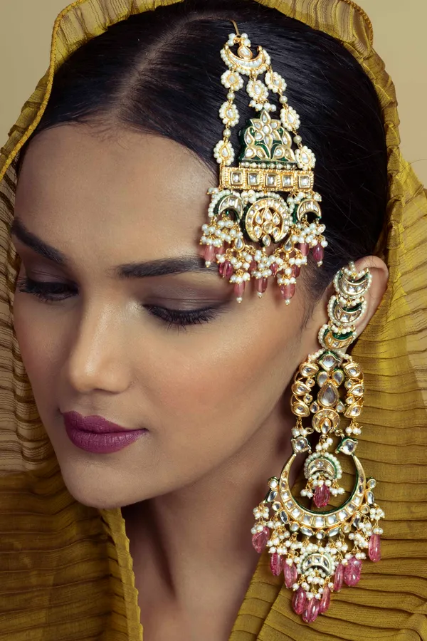 Gold & Green Meenakari Tourmaline Drops Chandbali Earrings