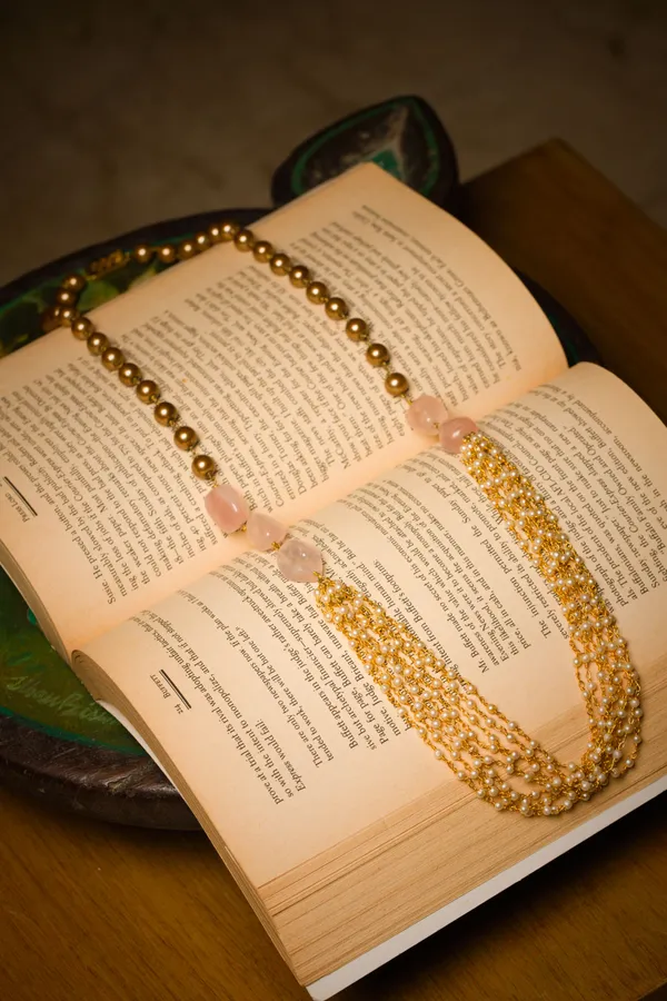 Rose Quartz And Gold Pearl Necklace