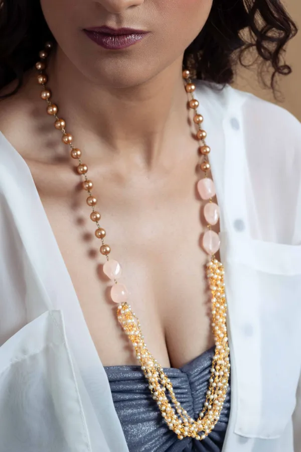 Rose Quartz And Gold Pearl Necklace