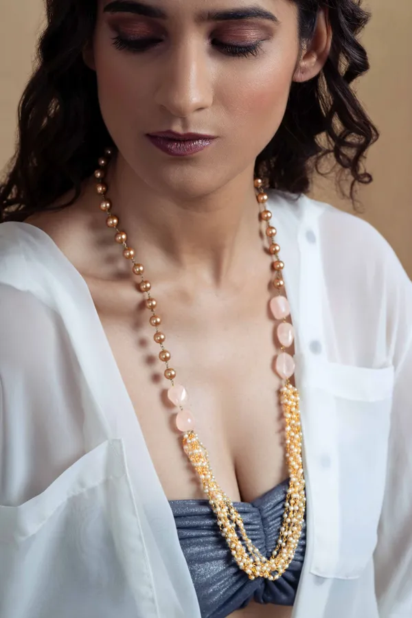 Rose Quartz And Gold Pearl Necklace