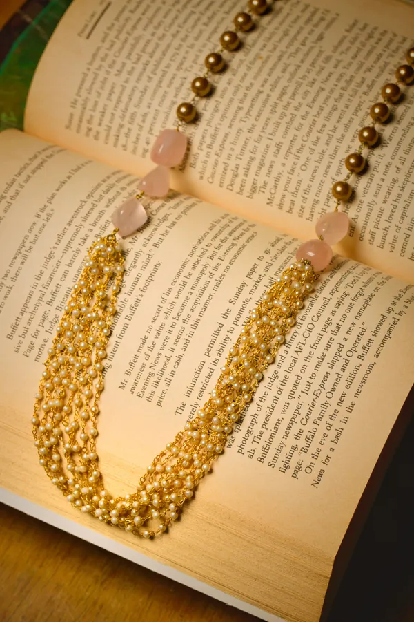 Rose Quartz And Gold Pearl Necklace