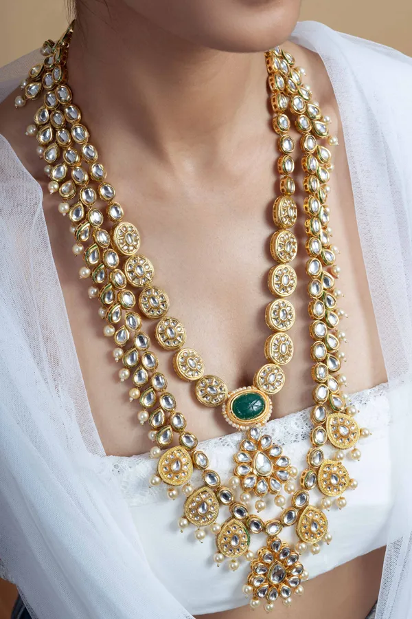 Statement Carved Emerald Gold Tone Double Line Necklace