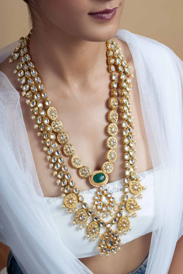 Statement Carved Emerald Gold Tone Double Line Necklace