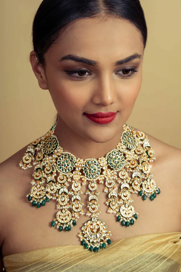 Statement Green And Gold Emerald Drops Choker Necklace
