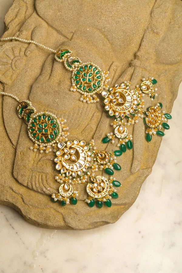 Statement Green And Gold Emerald Drops Chandbali Earrings