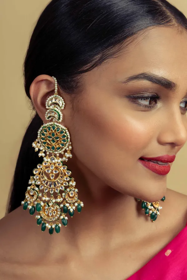 Statement Green And Gold Emerald Drops Chandbali Earrings