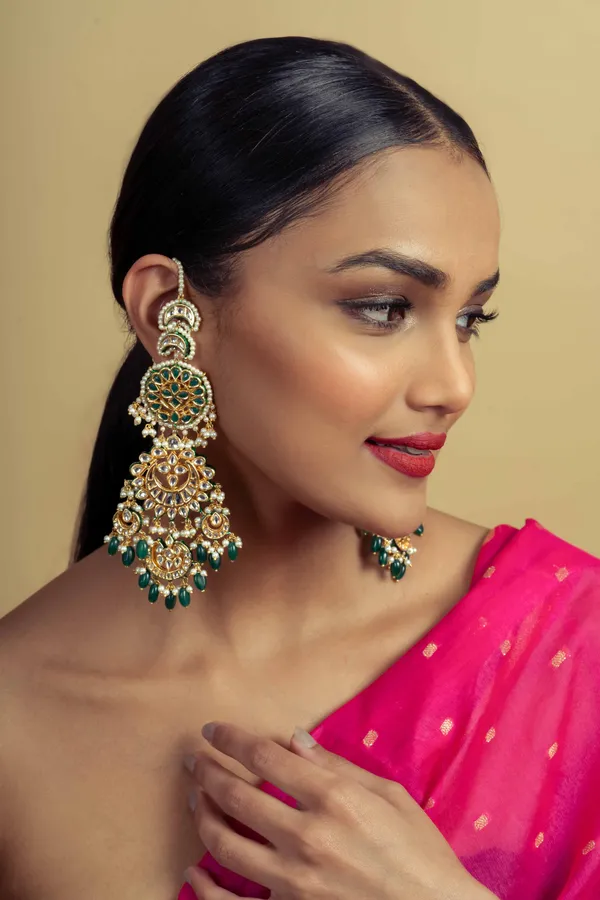 Statement Green And Gold Emerald Drops Chandbali Earrings